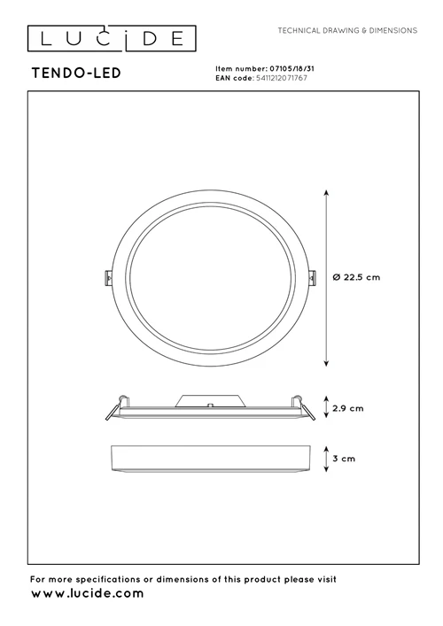 Lucide TENDO-LED - Deckenleuchte - Ø 22 cm - LED - 1x18W 3000K - Weiß - technisch